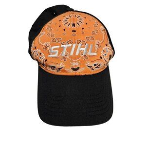 STIHL Black Orange Bandana Style Baseball Hat Cap Adjustable Hook‎ Loop